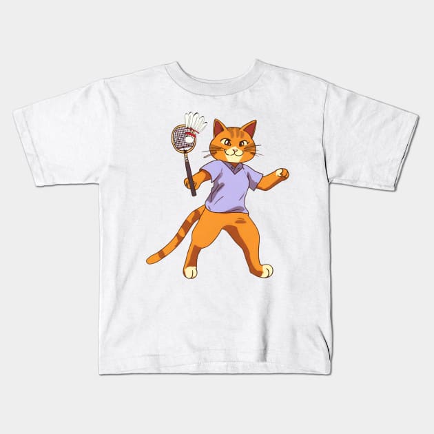 Anime Cat Playing Badminton Kids T-Shirt by Millusti